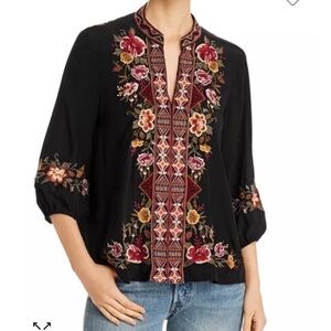 Johnny Was Nepal Embroidered 100% Silk Peasant mandarin Effortless Swing Blouse